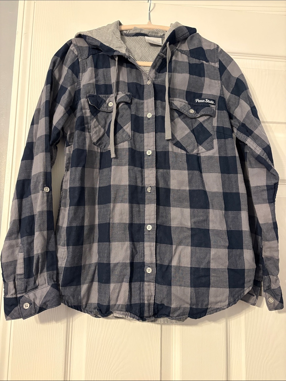 Columbia Penn State Navy and Gray Plaid Hooded Button-Down Shirt- Medium